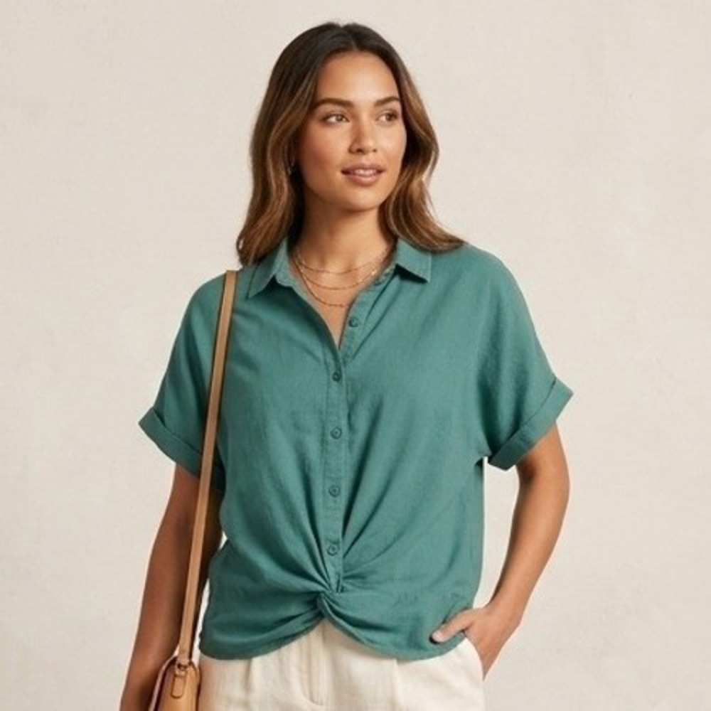 Marc New York Andrew Marc Teal Linen Blend Twist Front Button Down Shirt M